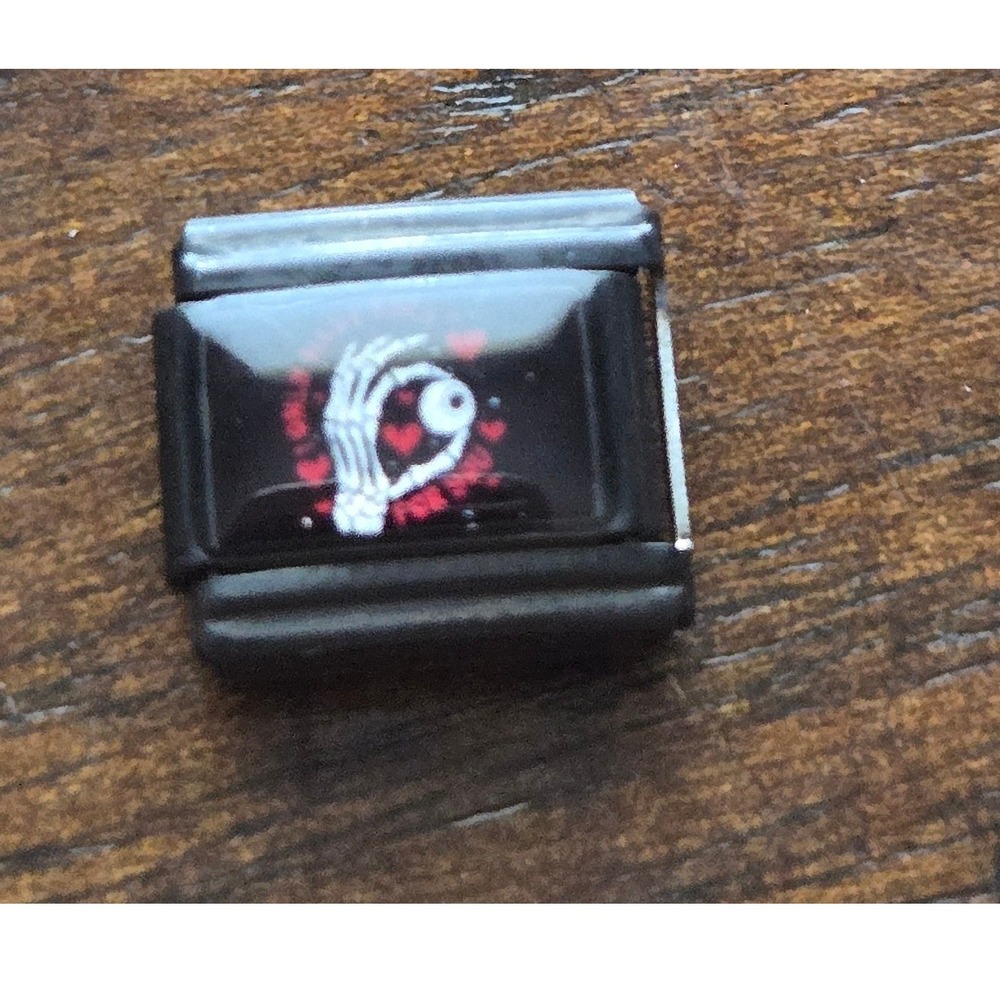 Black Stainless Steel Italian Charm Link Skeleton Hand I Only Have Eyes For You